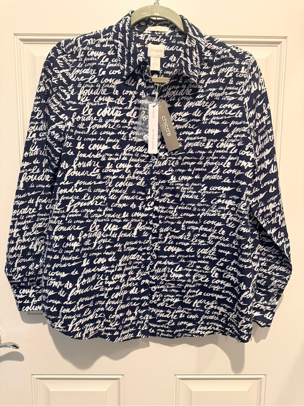 Chico's Navy & White Script Print Button-Down Shirt